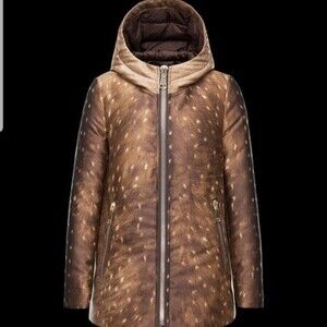 Moncler Arbu Brown Deer Print Edgy Feminine Cozy Down Puffer Jacket Size 2 NEW